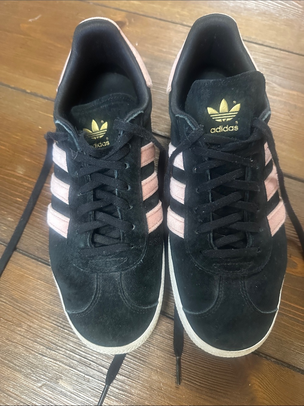 Adidas Women’s Gazelle Black Suede Sneakers with Pink Stripes